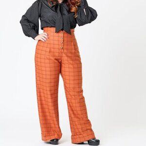 Unique Vintage High Waist Wide Leg Pants M NEW Orange Black Plaid 1940s Pin Up